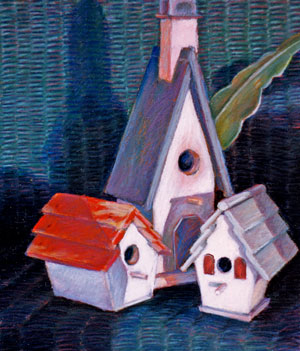 Birdhouses pastel painting